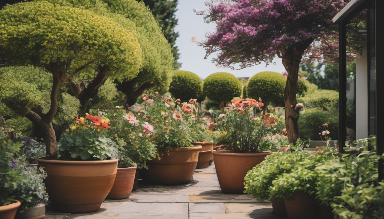A photo of a flower in a pot and some trees in the garden